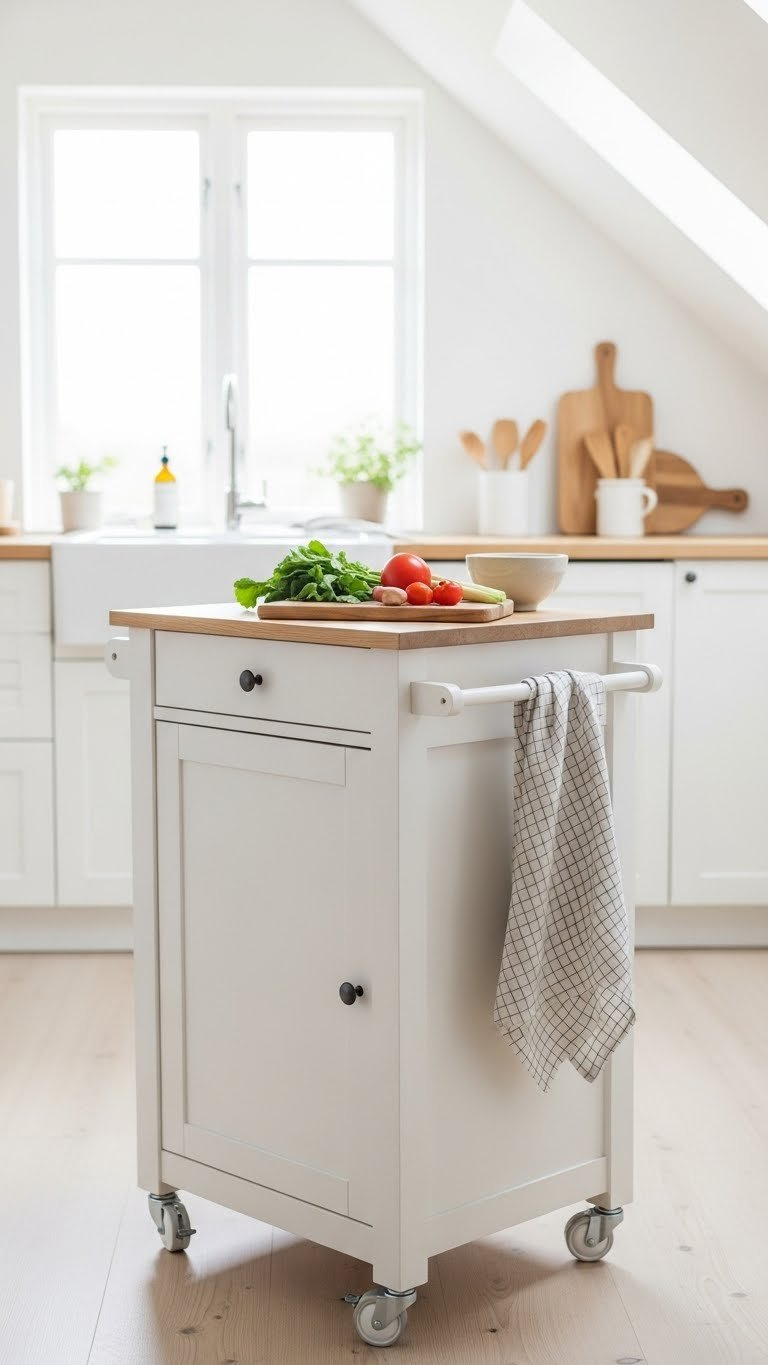 Stylish compact rolling kitchen island providing versatile workspace in center of small attic kitchen