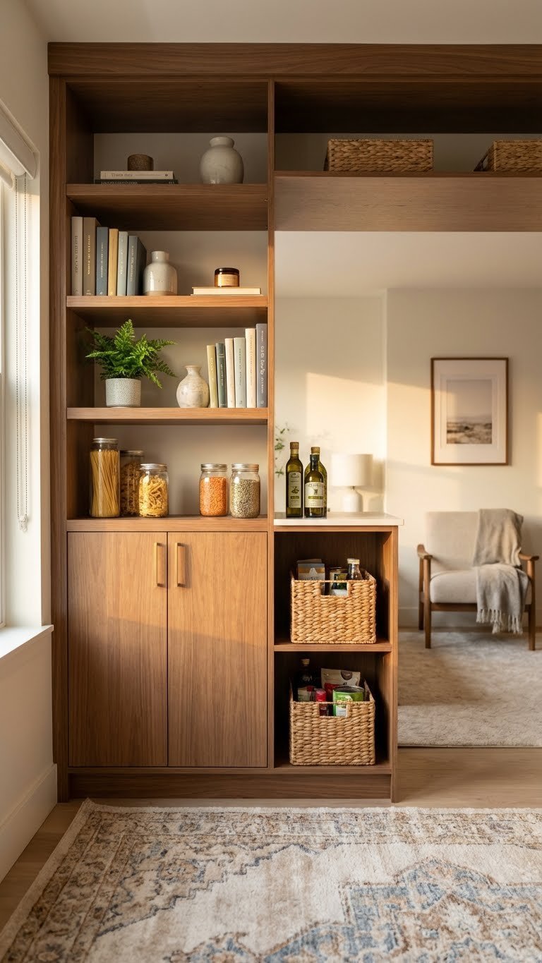 Smart Mini Pantry Ideas For Small Spaces: 9 Proven Tips 15 Stylish integrated pantry in living area, with a cabinet subtly holding pantry items and decor.