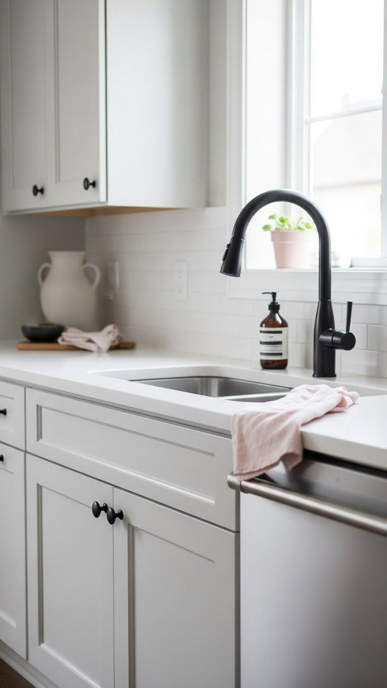 Stylish kitchen featuring matte black cabinet hardware and modern gooseneck faucet with elegant details