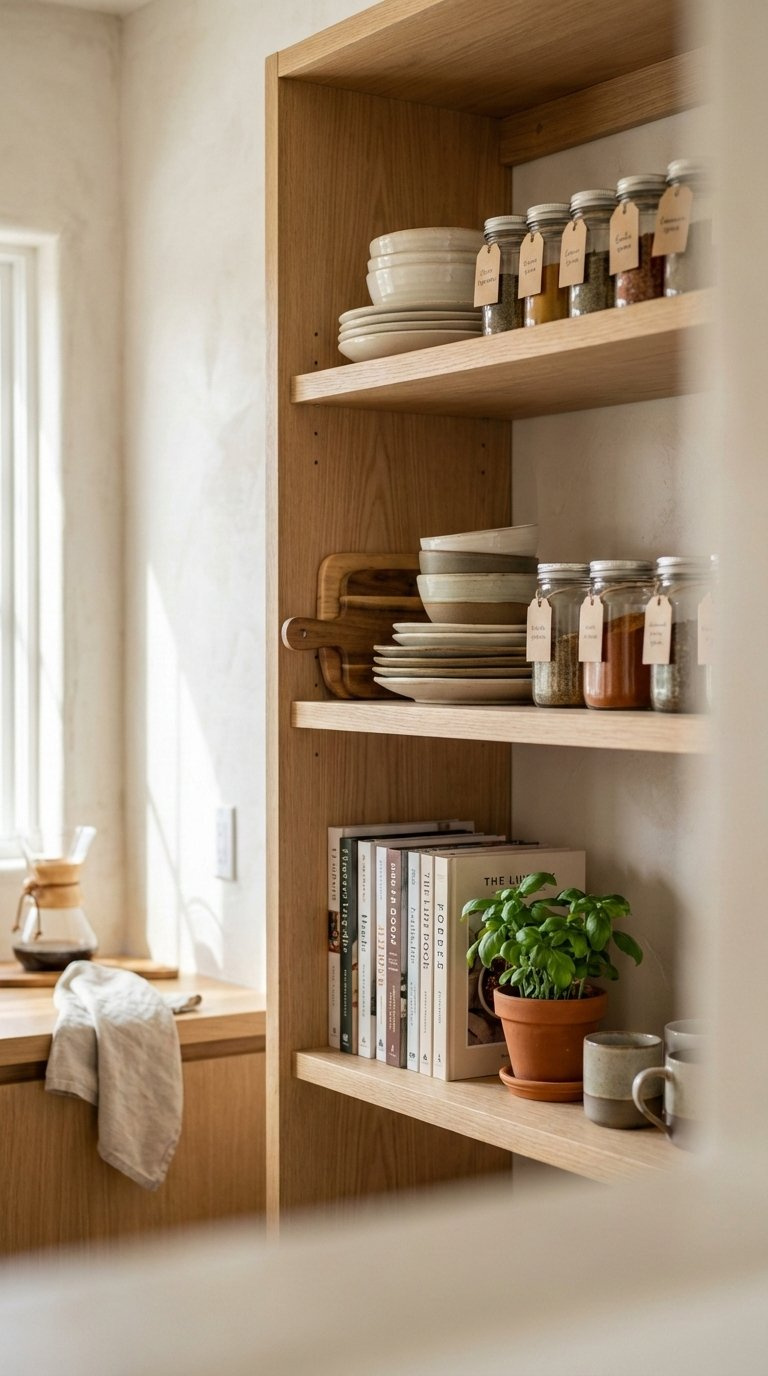 Stylish open shelving displaying ceramic dishes and spice jars in an airy small kitchen arrangement