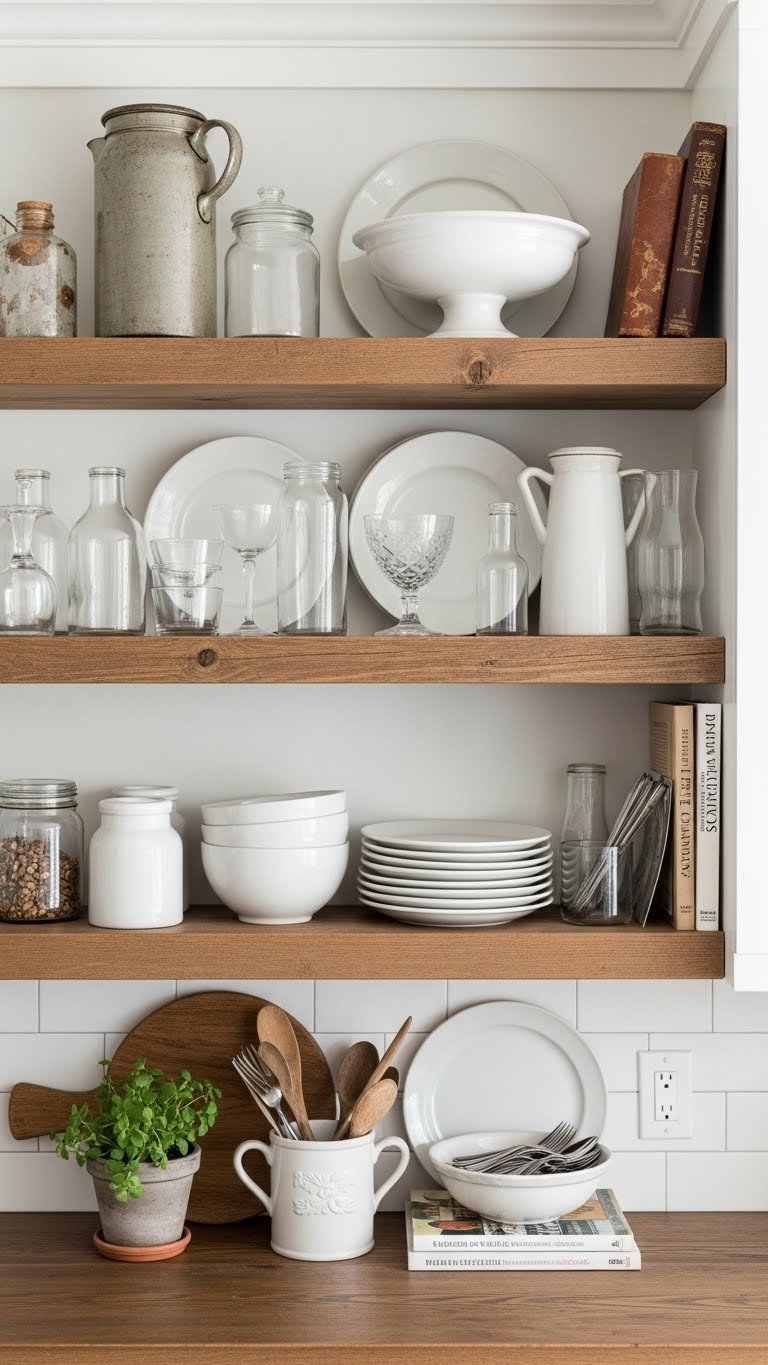 Stylish open shelving displaying rustic stoneware and kitchen essentials in organized arrangement