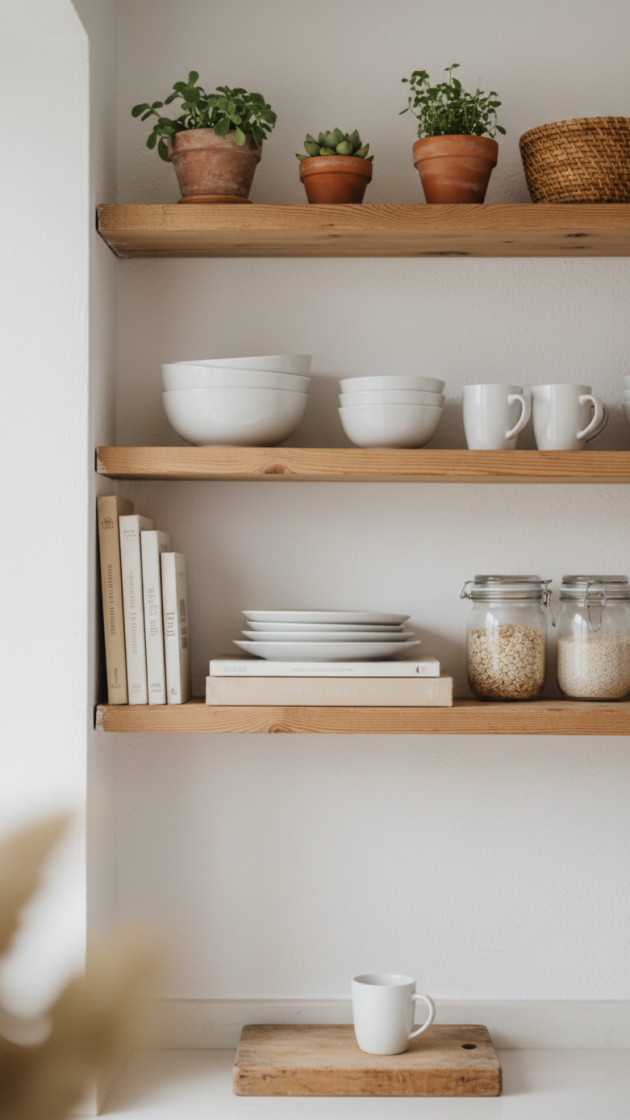 Stylish open shelving in rustic kitchen displaying minimalist white ceramics and green plants on wooden shelves