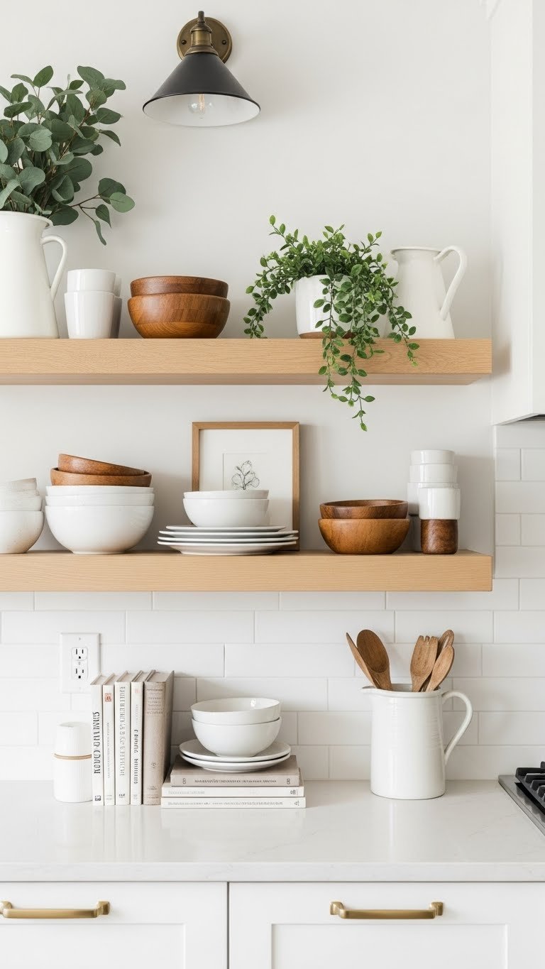 Stylish open shelving with curated ceramic dishes and greenery accents in white Scandi farmhouse kitchen