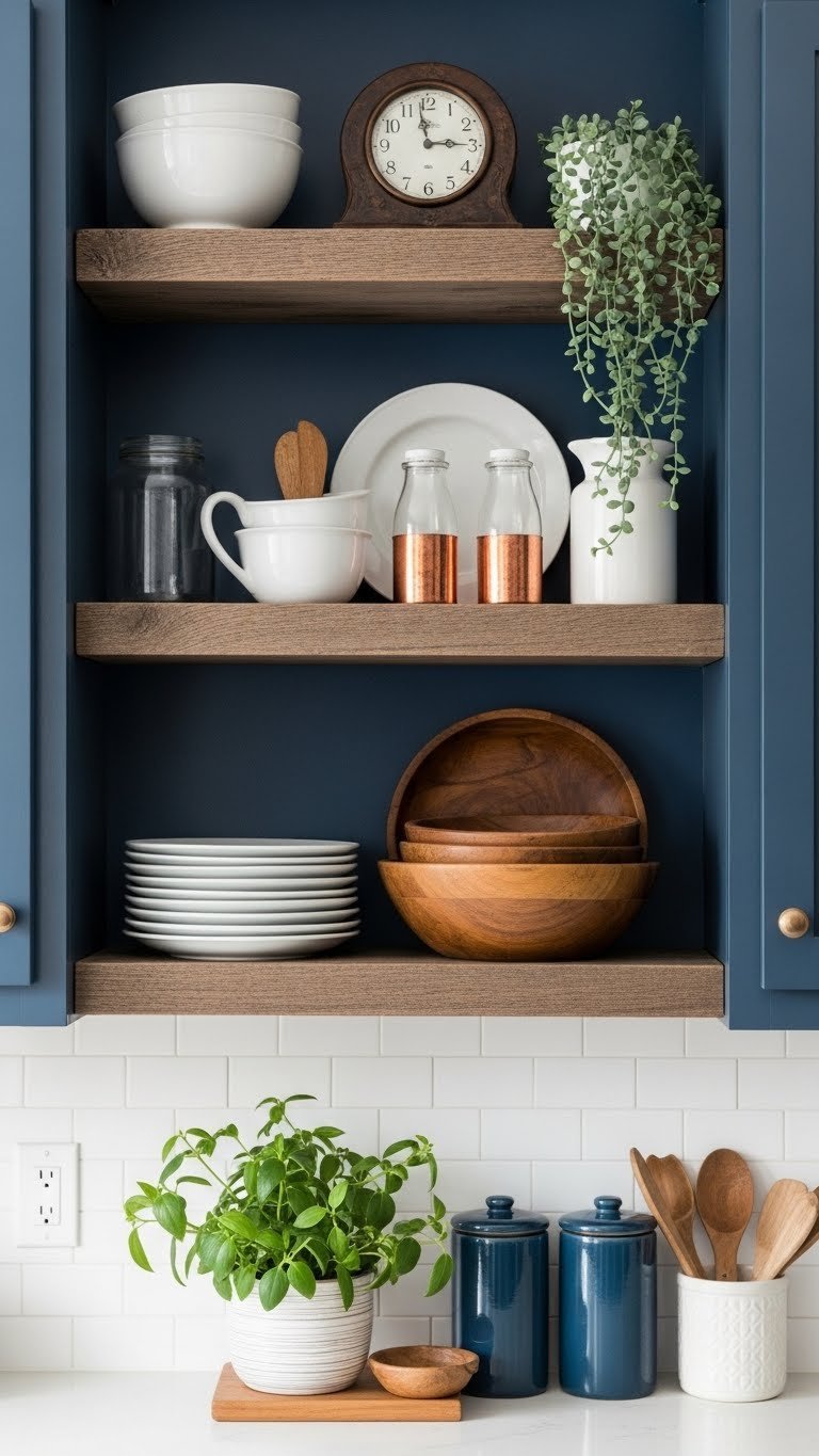 Stylish open shelving with vintage stoneware and wooden bowls against deep navy blue wall with minimalist decor