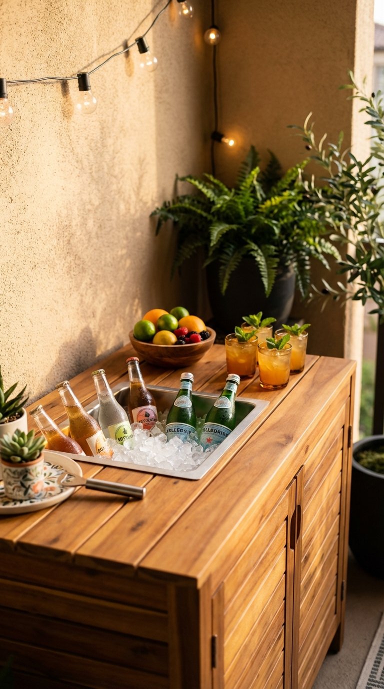 Stylish outdoor bar cabinet with built-in cooler, colorful drinks, and glassware for balcony entertaining