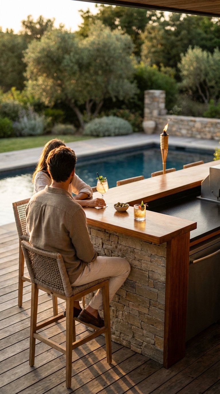 Outdoor Kitchen L Shape Complete Planning And Design Guide 11 Stylish outdoor bar seating area at L-shaped kitchen with two people enjoying drinks on comfortable bar stools