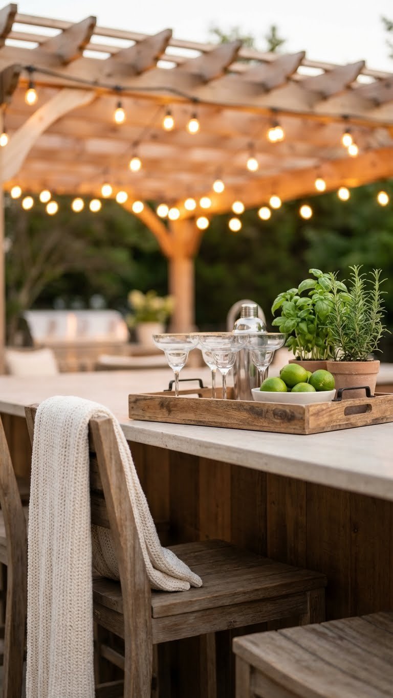 Outdoor Kitchen With Bar Complete Planning Design Guide 12 Stylish outdoor kitchen bar ready for party with cocktail tray, herb garden, and cozy throw blanket under string lights