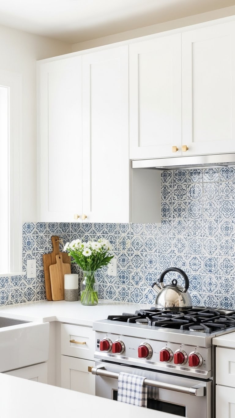 Stylish peel-and-stick tile backsplash in a compact kitchen with stainless steel kettle and fresh flowers