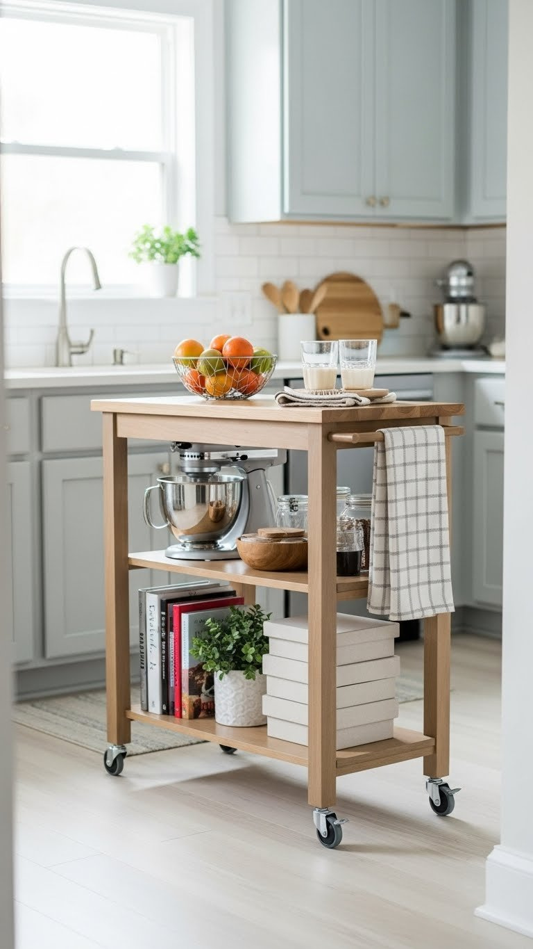 Stylish rolling kitchen cart serving as mobile island with extra counter space in small kitchen setting.