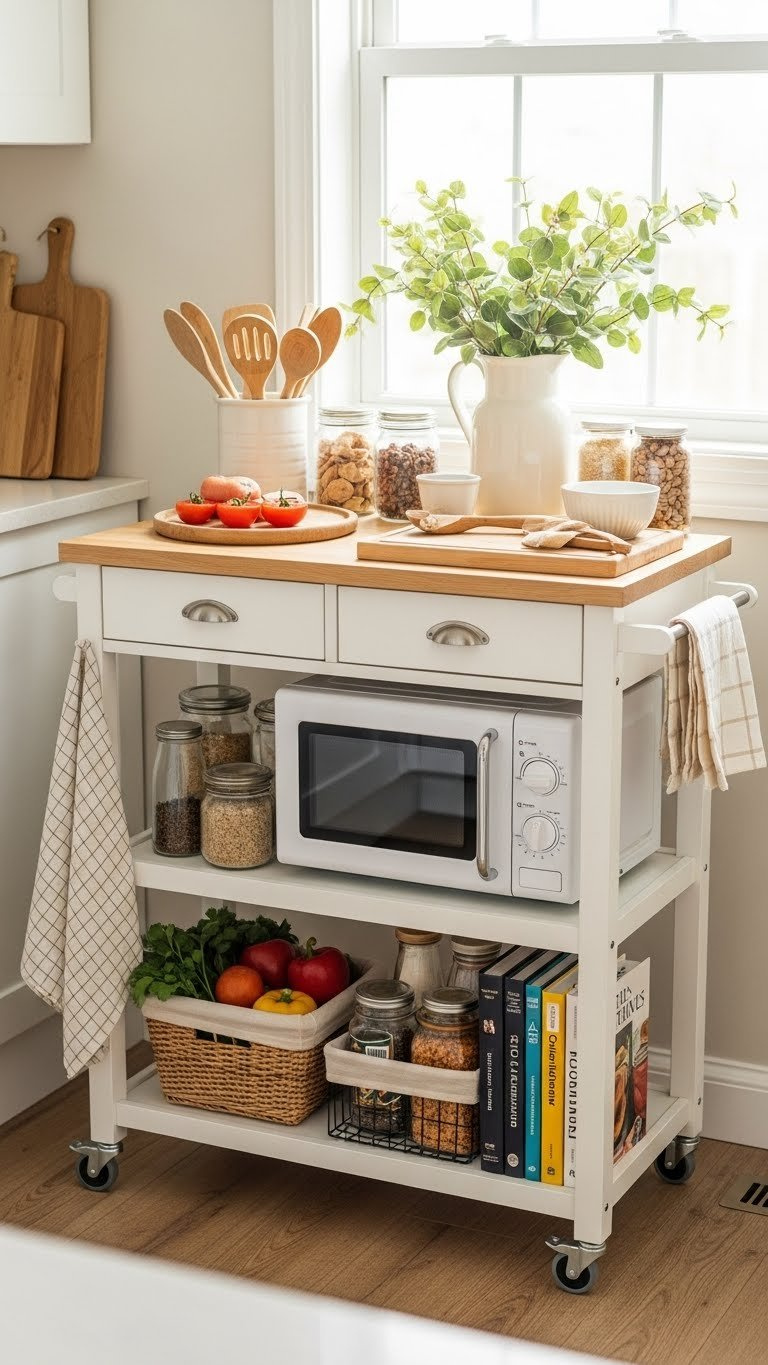 Stylish rolling kitchen cart with microwave, kitchen tools, and fresh produce organized in warm-toned compact kitchen corner