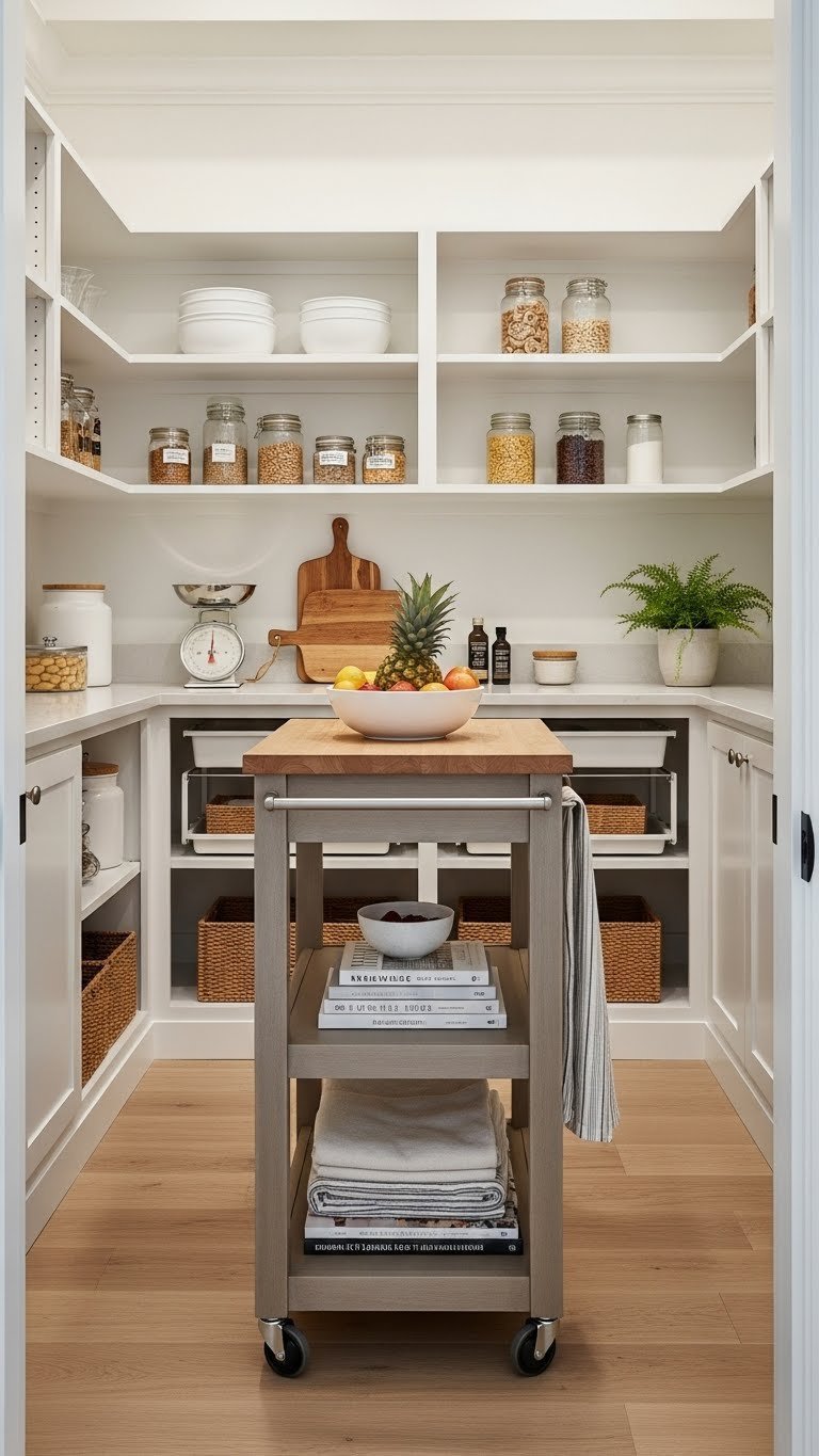 Stylish rolling kitchen island in a walk-in pantry, offering extra countertop space with fresh fruit and cookbooks on top.