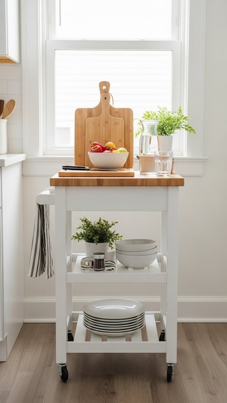 Stylish rolling utility cart with butcher block top providing extra counter space in small kitchen