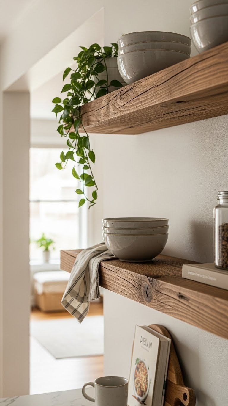 Stylish rustic kitchen floating shelf with light ceramic bowls and green plant against textured wall