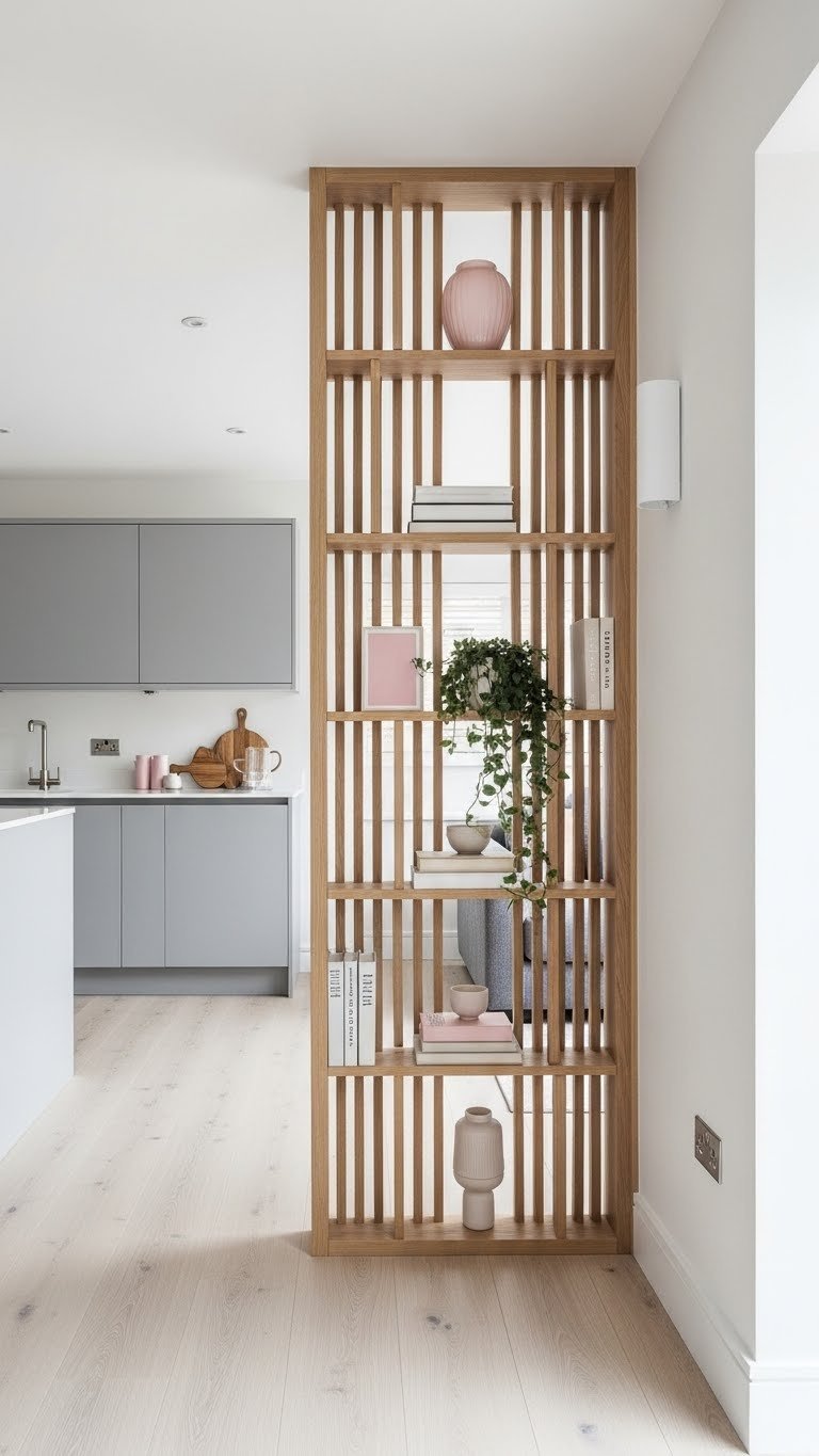 Stylish semi-transparent slatted wood screen room divider between kitchen and living room, allowing light. Elegant gray and soft pink palette.