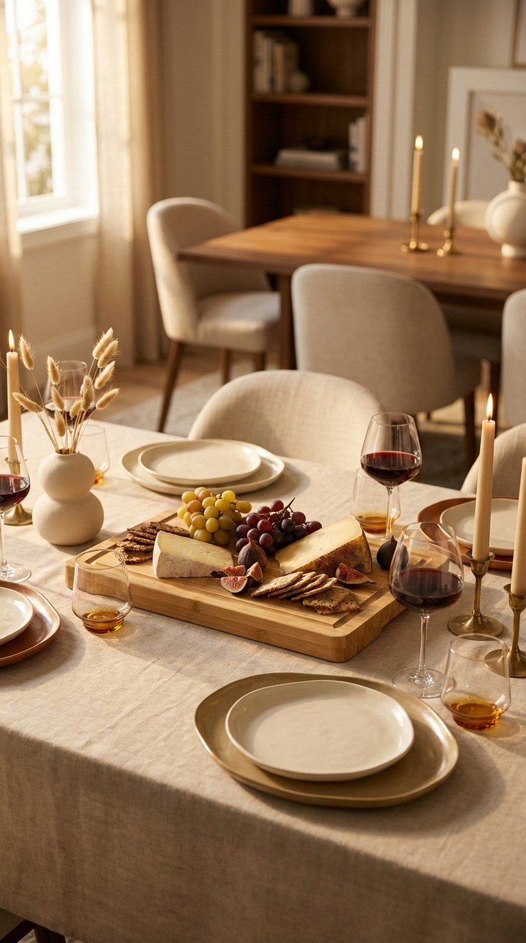 Stylish serveware collection featuring bamboo cheese board with artisanal cheeses and elegant ceramic platters.