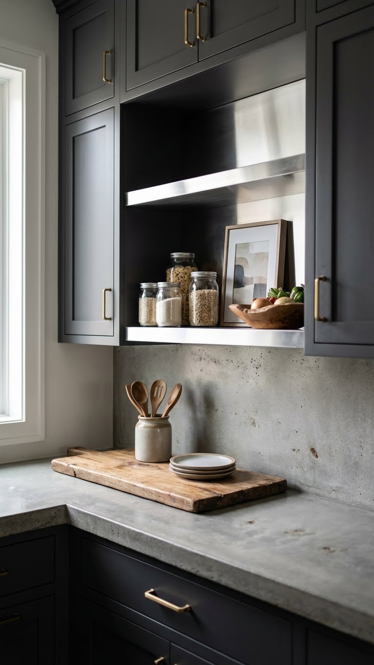 Stylish transitional pantry blending dark shaker cabinetry, stainless steel shelves, and natural wood accents for a modern traditional kitchen look.