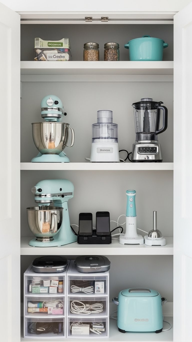 9 Smart Kitchen Pantry Ideas For Appliance Storage 15 Stylishly converted closet serves as a kitchen appliance storage hub, featuring custom shelves for a stand mixer, blender, and charging stations.