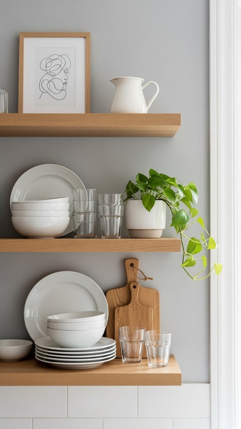 Stylishly curated open kitchen shelf with white ceramic dishes and natural wood cutting board arrangement