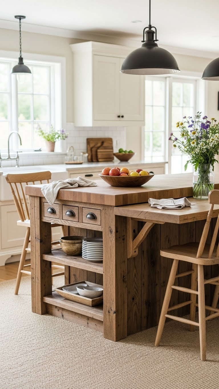 Substantial rustic kitchen island with butcher block countertop and wooden bar stools in natural wood tones