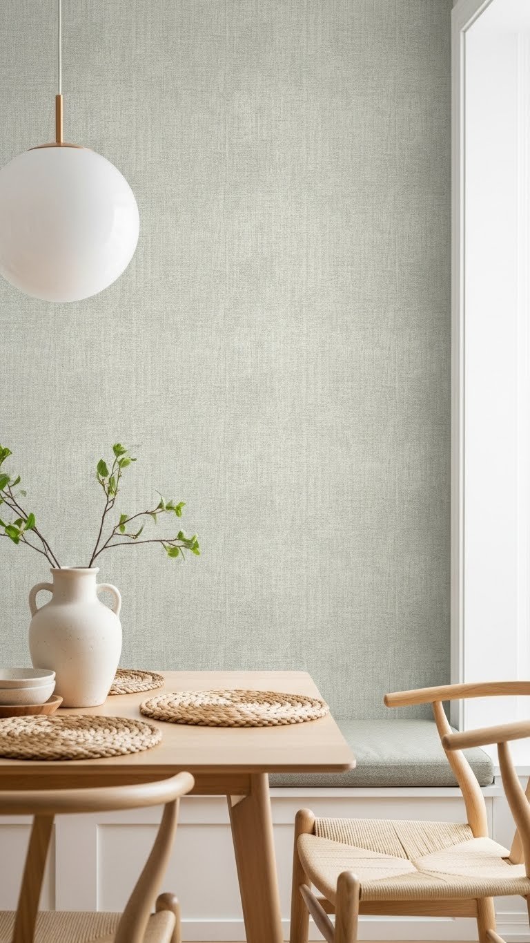 Subtle textured removable wallpaper in muted sage green covering kitchen feature wall with simple wooden table setup.
