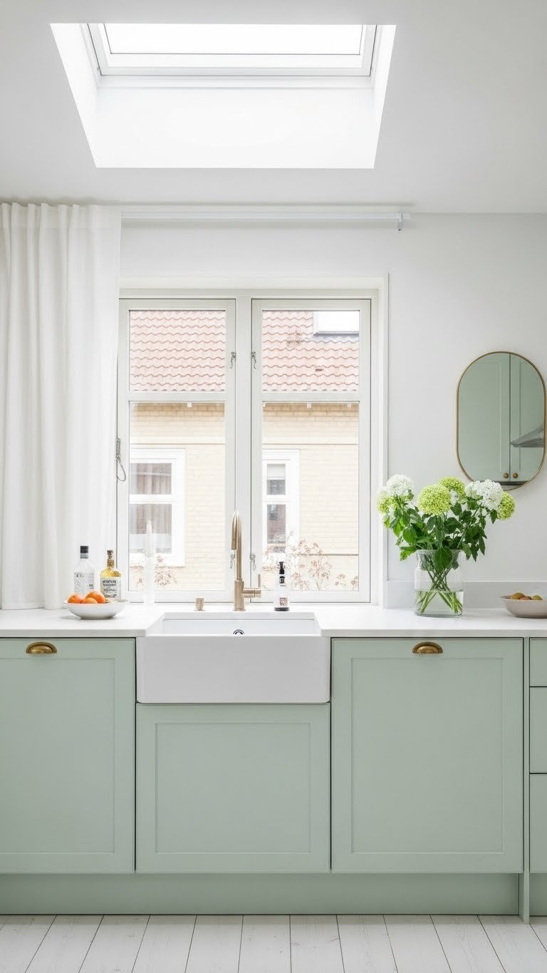 Sun-drenched light green Scandi kitchen with large windows flooding the space with natural illumination