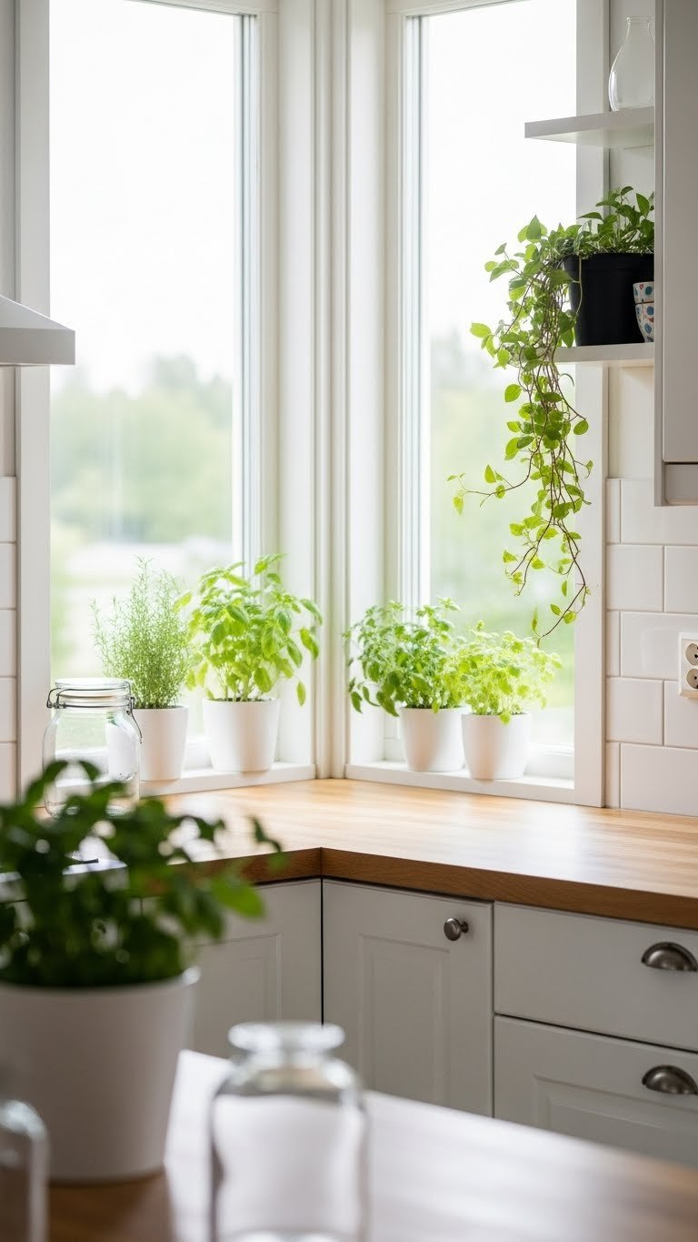 Sunlit Scandinavian kitchen corner with large window, potted herbs, and trailing plant on light wood countertop