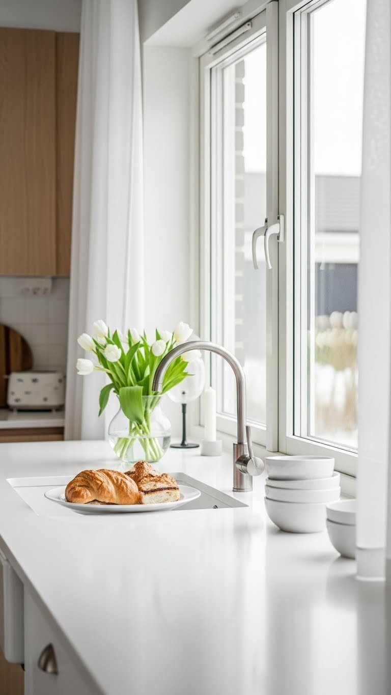 Sunlit Scandinavian kitchen with large window illuminating white countertops, sheer curtains, and fresh white tulips in glass vase