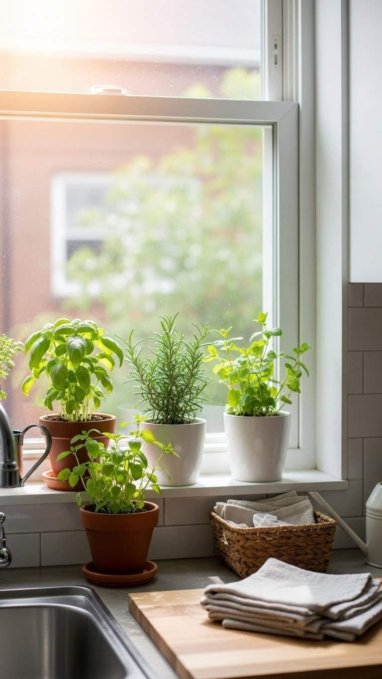 Sunlit kitchen windowsill with potted herbs including basil, rosemary and mint in terracotta and ceramic planters