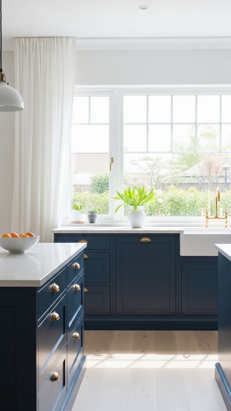 Sunlit navy scandi kitchen with natural light streaming through large window illuminating navy cabinetry and white tulips on countertop