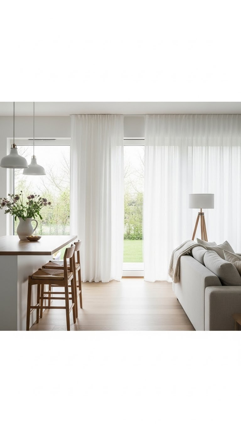 Sunlit open kitchen and living room with sheer curtains diffusing natural light. Subtle floor lamp complements the bright, airy interior.