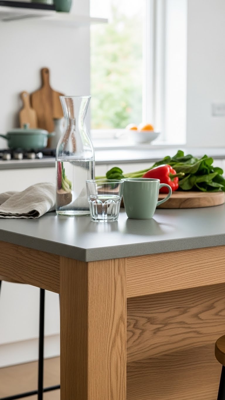 Sustainable Scandi kitchen island made from reclaimed wood with eco-friendly composite countertop