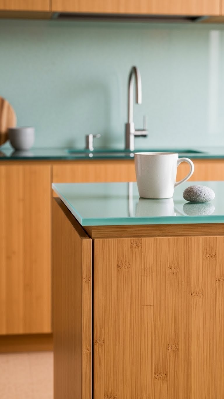 Sustainable Scandinavian kitchen featuring bamboo cabinetry, recycled glass countertop, and cork flooring with ceramic mug