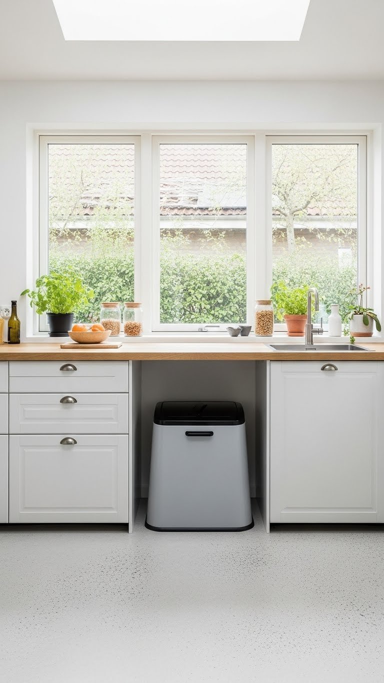 Sustainable Scandinavian kitchen with durable materials like concrete flooring and solid wood countertops for long-term functionality