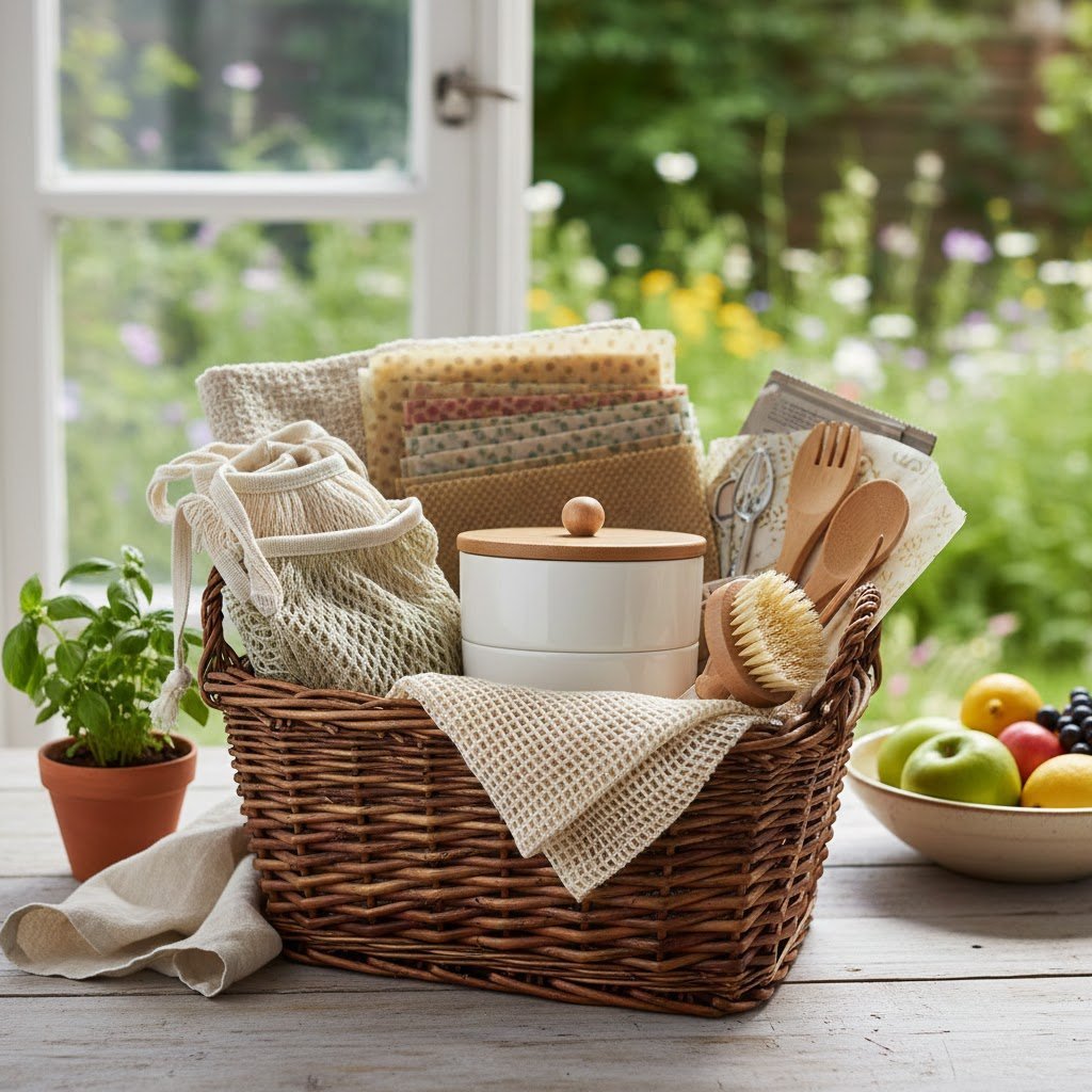 Sustainable kitchen steward gift basket with eco-friendly items like beeswax wraps and bamboo utensils