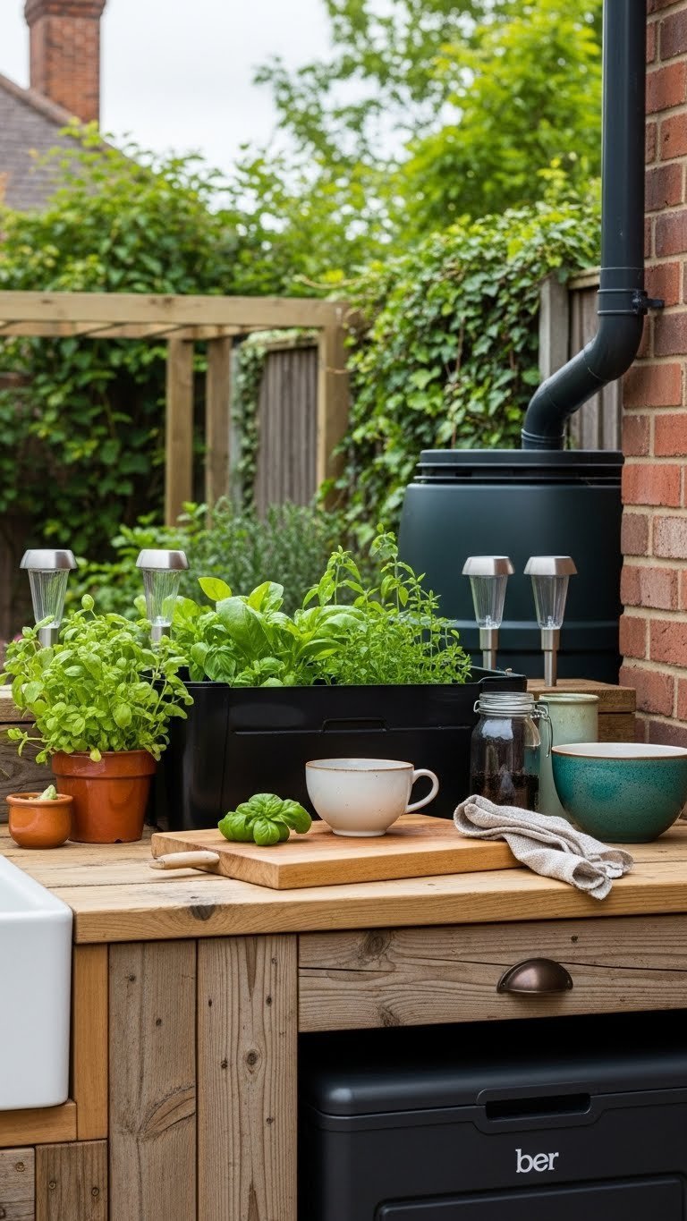Sustainable outdoor kitchen design with reclaimed wood countertops and energy-efficient appliances in garden setting
