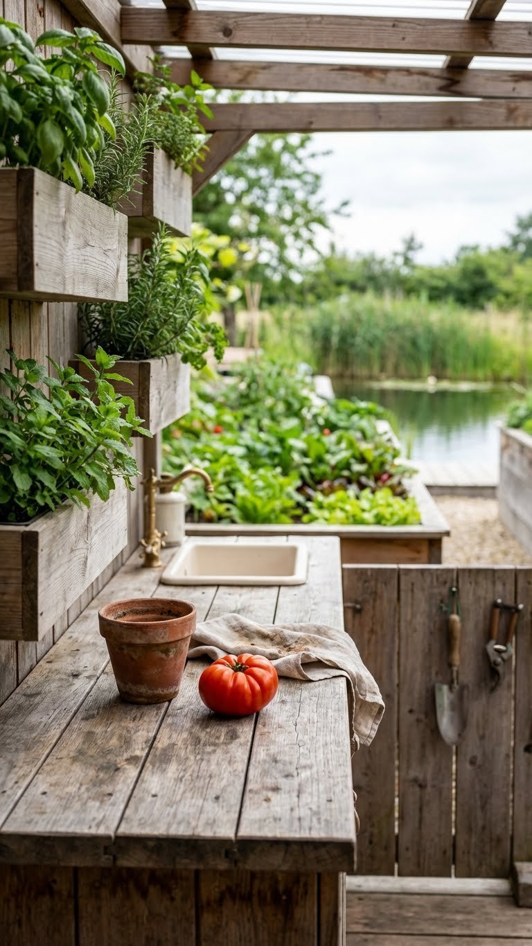 Outdoor Kitchen Pool Area Design Ideas For Luxury Entertaining 15 Sustainable outdoor kitchen surrounded by raised garden beds with herbs near natural swimming pond
