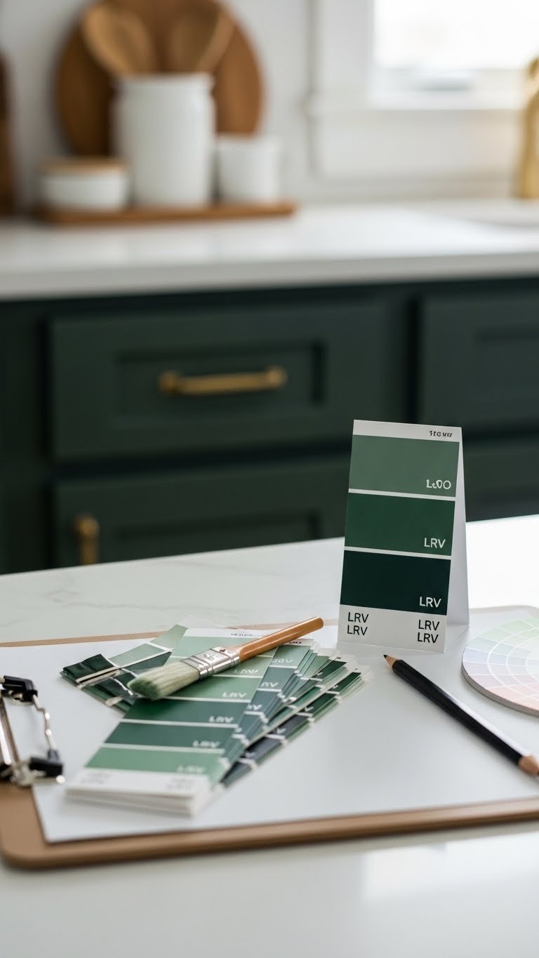 Swatch card displaying various dark green paint shades with forest green cabinets in background