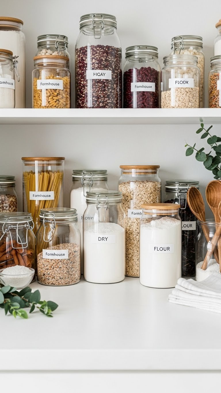 11 Farmhouse Kitchen Pantry Ideas: Design, Organize, &Amp; Style 5 Symmetrical farmhouse pantry display of glass jars with wooden lids, filled with colorful dry goods like pasta on a white shelf.
