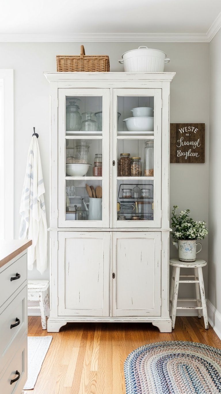 11 Farmhouse Kitchen Pantry Ideas: Design, Organize, &Amp; Style 13 Tall distressed white freestanding farmhouse pantry cabinet with glass doors showcasing organized shelves and rustic decor.