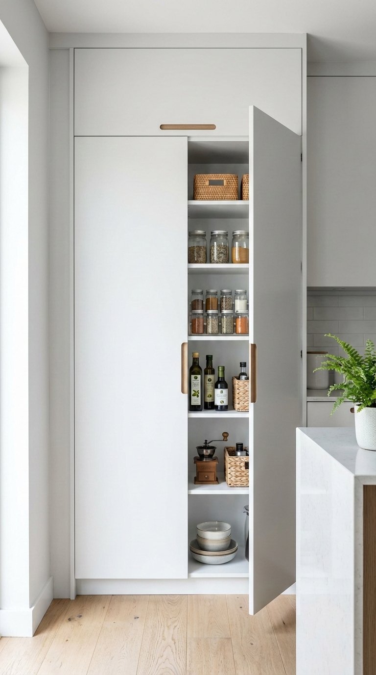 Small Kitchen Cabinets: 5 Essential Storage &Amp; Design Ideas 1 Tall floor-to-ceiling kitchen cabinet with organized shelves displaying spices and appliances in minimalist white kitchen interior