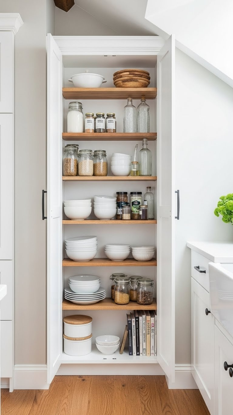 Tall floor-to-ceiling pantry cabinet with organized kitchen essentials on full-height wall in functional attic kitchen space