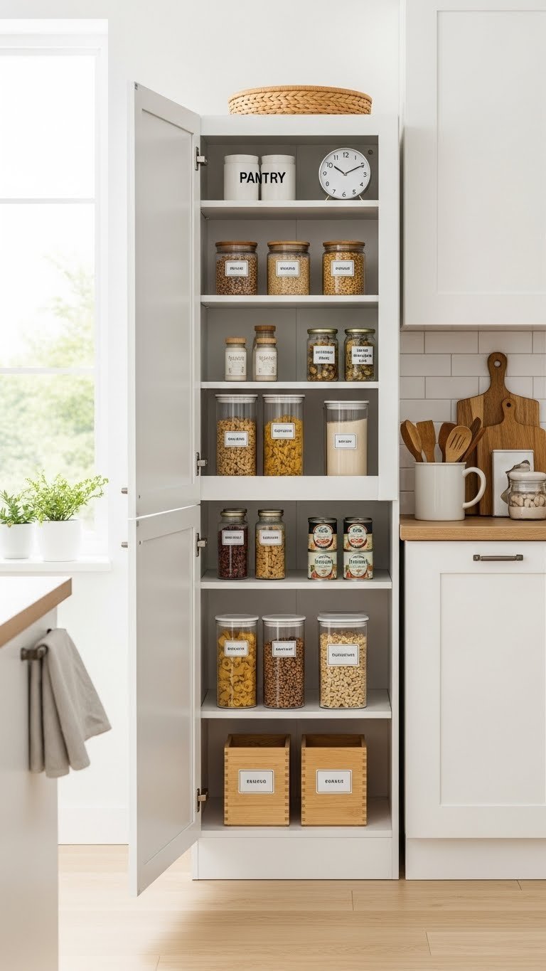 Tall freestanding pantry tower with clear glass doors showcasing organized food containers and canned goods