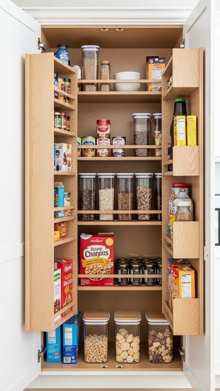 11 Smart Kitchen Cabinet Pantry Ideas For Ultimate Organization 13 Tall kitchen cabinet with an adjustable shelving system organizing cereal boxes, canned goods, and spice jars efficiently.