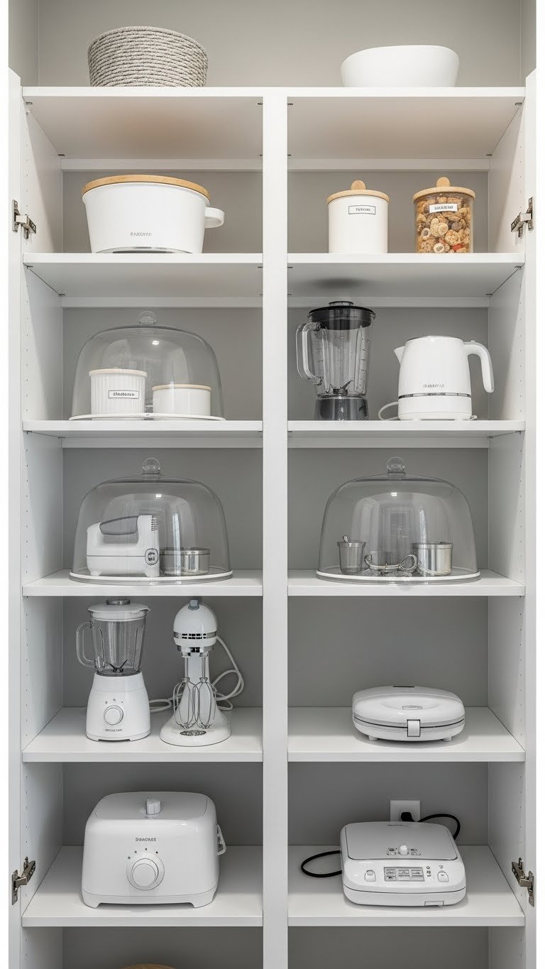 9 Smart Kitchen Pantry Ideas For Appliance Storage 7 Tall organized kitchen pantry features crisp white adjustable shelves holding a blender, hand mixer, and waffle maker for efficient storage.
