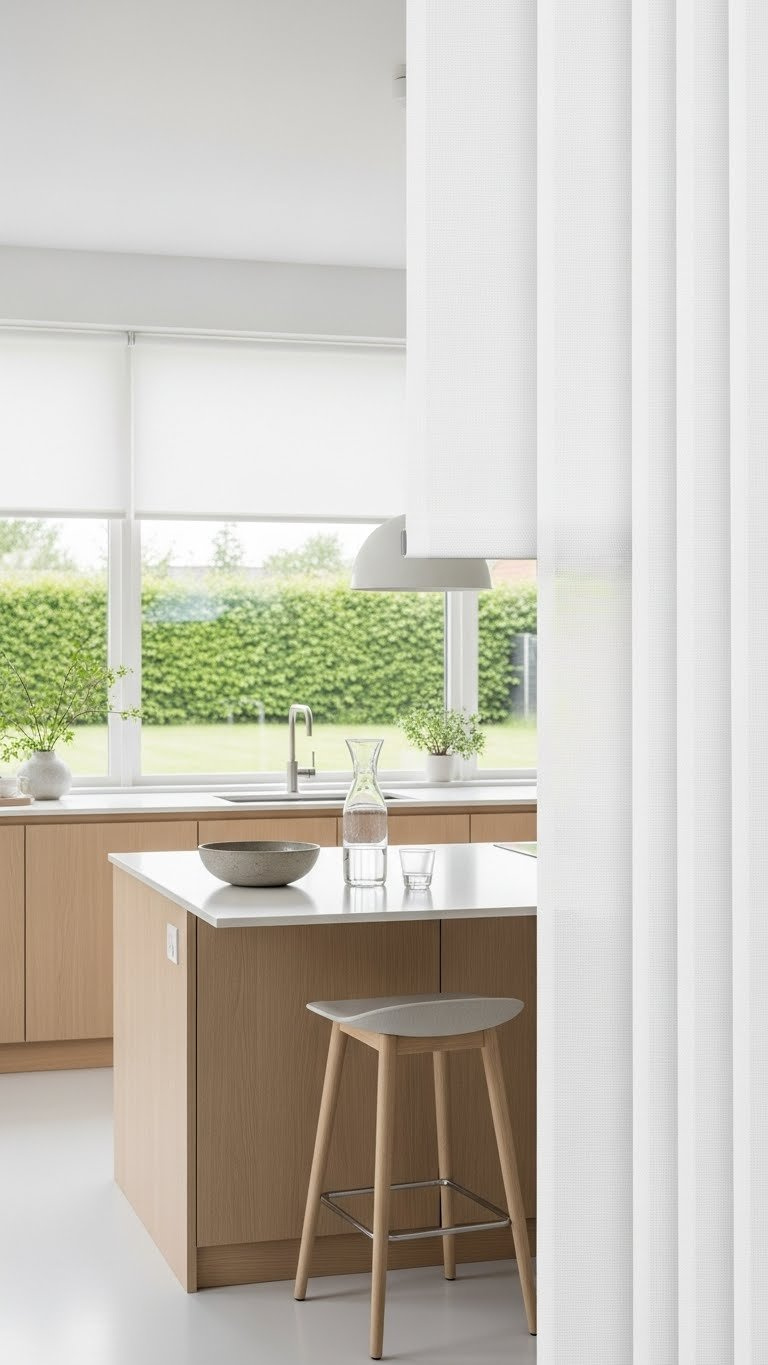 Tall white fabric panel blinds partially stacked revealing garden view in open-plan Scandinavian kitchen with blonde wood cabinetry