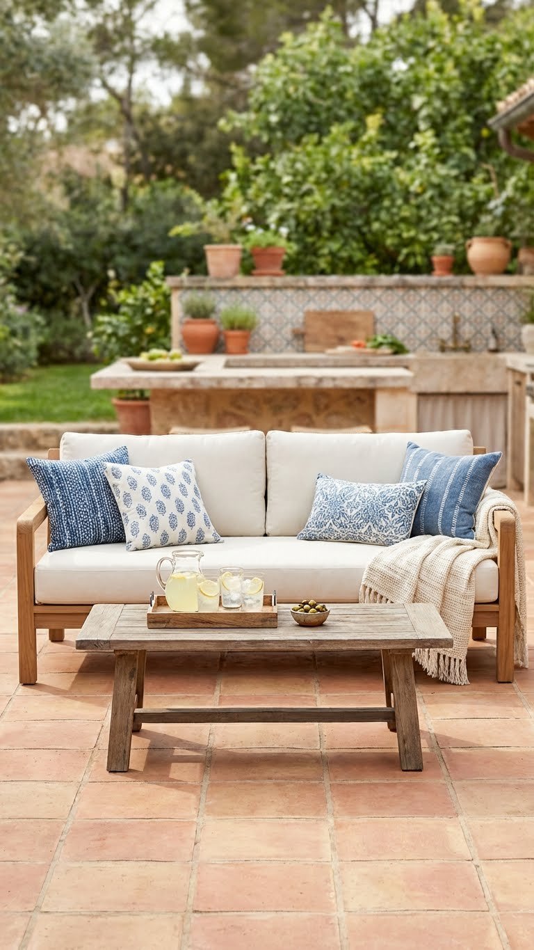 Outdoor Kitchen Mediterranean Design Guide For Al Fresco Living 17 Teak wood sofa with blue and white pillows in Mediterranean outdoor seating area