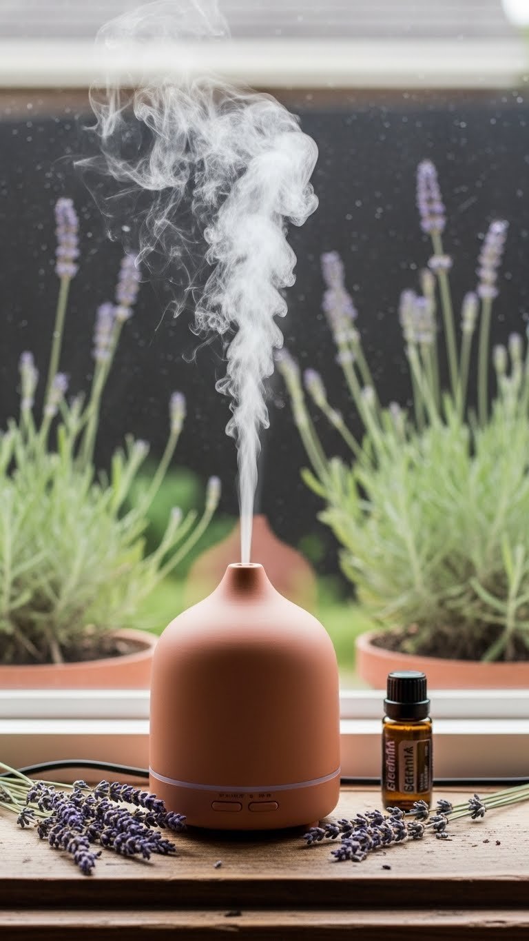 Terracotta essential oil diffuser emitting mist on distressed wood windowsill with lavender bottle
