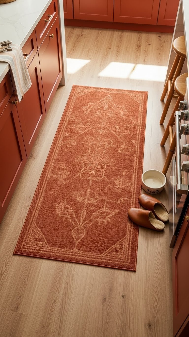 Terracotta kitchen runner rug on light wood floor, burnt orange cabinets, dog bowl, and leather slippers in daylight.