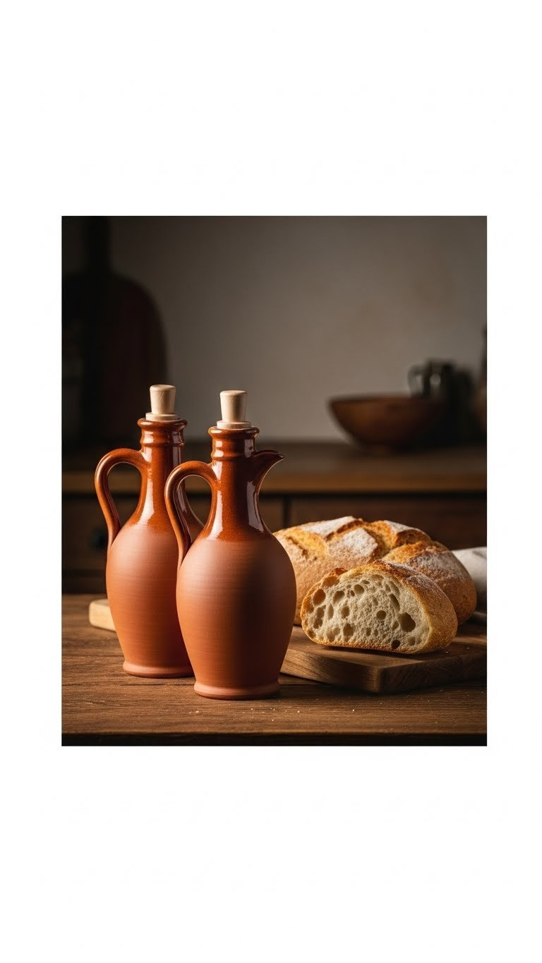 Terracotta oil and vinegar cruets with artisan bread on wooden cutting board in rustic kitchen