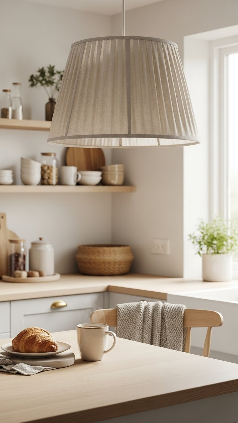 Textile shade pendant light with pleated fabric emitting diffused warm light over kitchen nook
